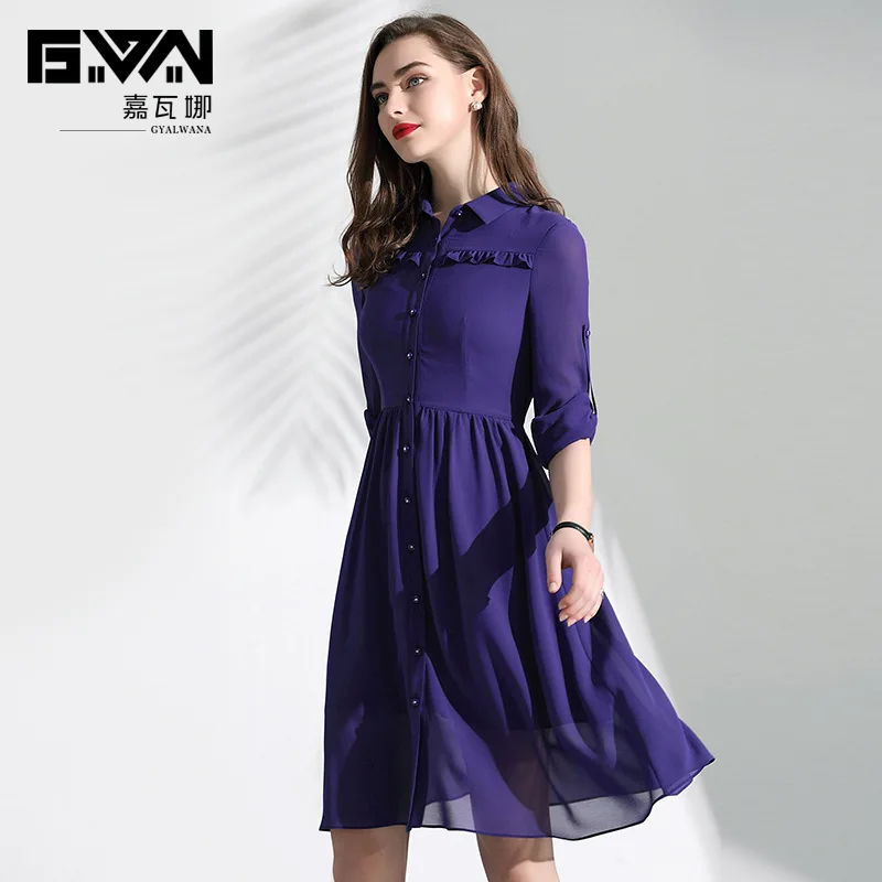 

GYALWANA Spring and Autumn New Style,long Sleeves Turn Down Collar,pure Color Chiffon A-Line Dress.Office Ladies Fashion Dresses
