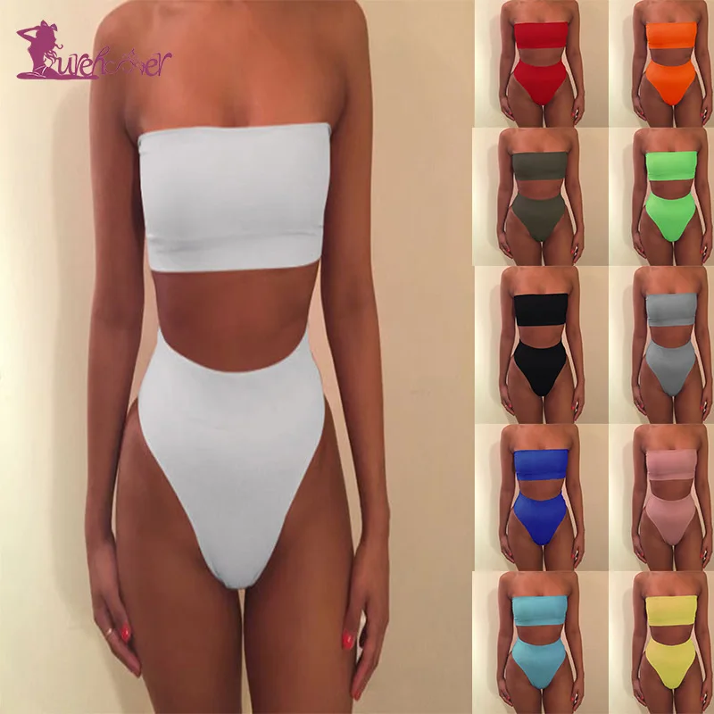 

Lurehooker Sexy High Waist TubeTop Bikini Set Solid Two Piece Biquini Bathing Suits Halter Swimming Suit for Women Bikinis