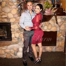 2017 New Wine Red Women Summer Dresses Mesh Long Sleeve High Neck Celebrity Party Dress Knee Length Sexy Bodycon Bandage Dress