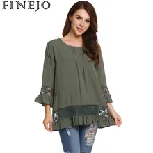 FINEJO женская футболка Повседневная с круглым вырезом пэтчворк с цветочным кружевом длинный рукав с рюшами полями пуловер Свободный женский топ Camiseta