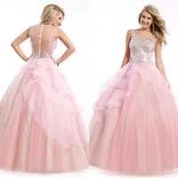 Ball Gown Prom Dresses 2015 New Arrival Beads Light Pink Sheer Back Pageant Crystal Evening Gowns Dress Floor Length