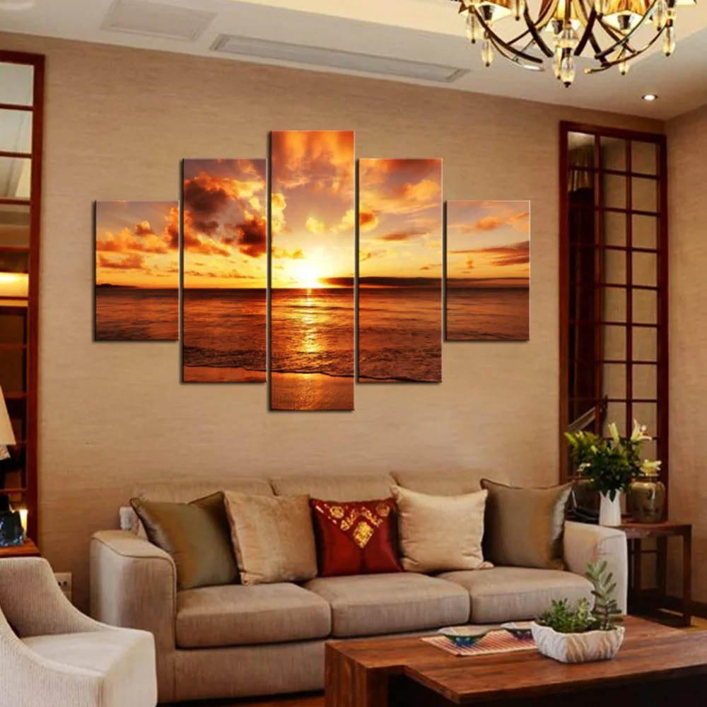 2016 Modern 5 Piece Connect Oil Painting Wall Art The Yellow Sea And