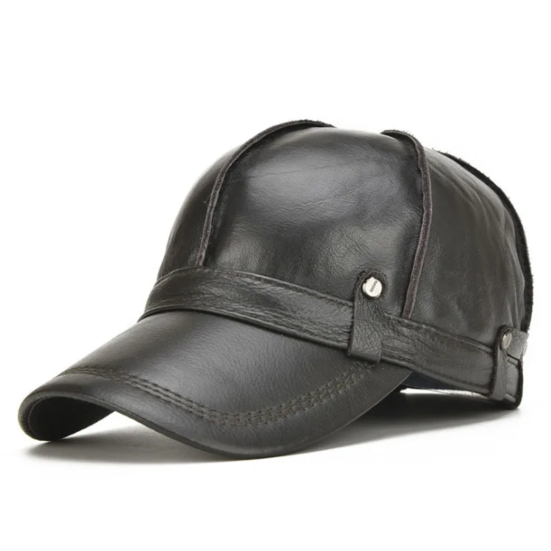 [AETRENDS] кожаная бейсбольная кепка, мужские зимние шапки с ушками, шапка для папы, мужская Кепка, кожаная кепка s Z-5301 - Цвет: Black