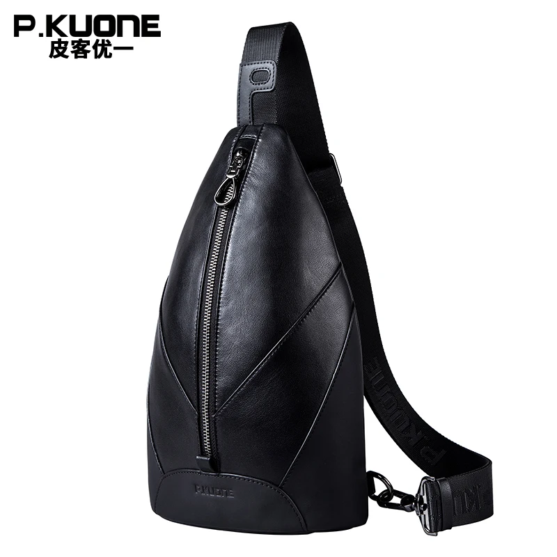 

P.KUONE 2018 New Genuine Leather Men Shoulder Bag Casual Cowhide Leather Men's Crossbody Bags Travel Chest Pack Men Bags Handbag