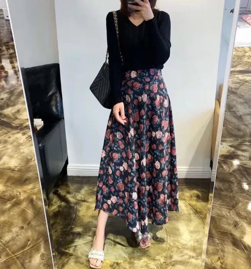

Women Floral Skirt Rose Print Vintage Summer Long Female High Waisted Skirt