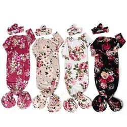 Пеленки с цветами для завёртывания для пеленания для новорожденных, одеяло, теплый спальный мешок с повязкой на голову для 0-6 м
