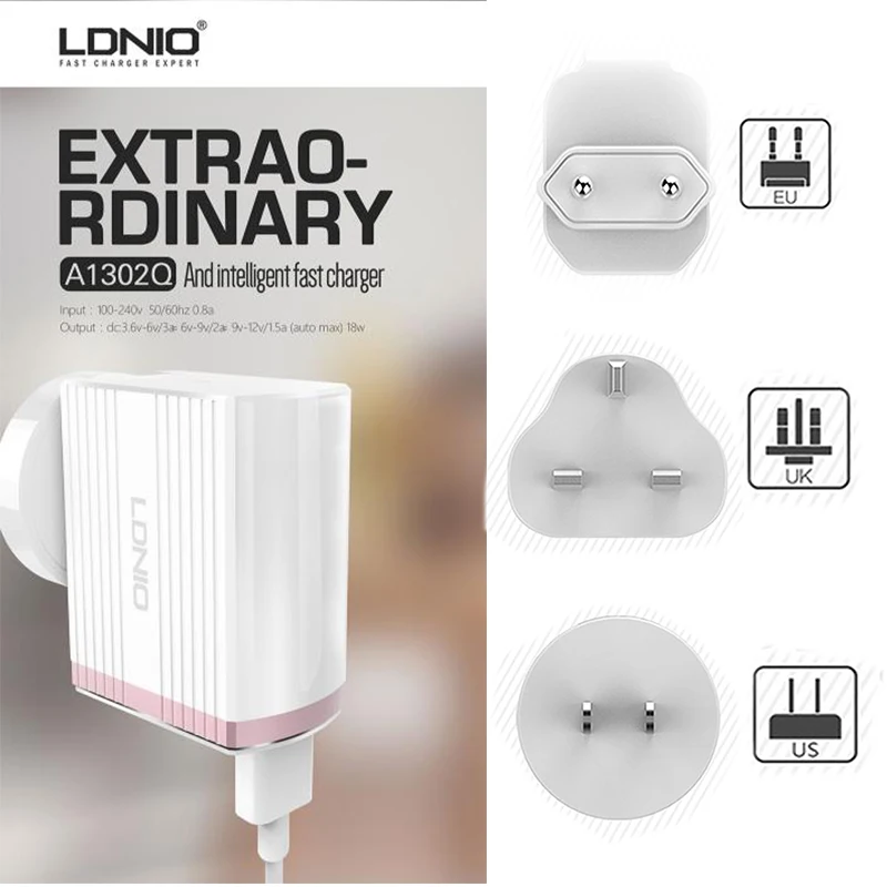 

Hot 1USB Fast Charger LDNIO A1302 Qualcomm Quick Charge 3.0 Travel Charging AU/EU/US/UK Plug For Samsung/HTC/XIAOMI Phone