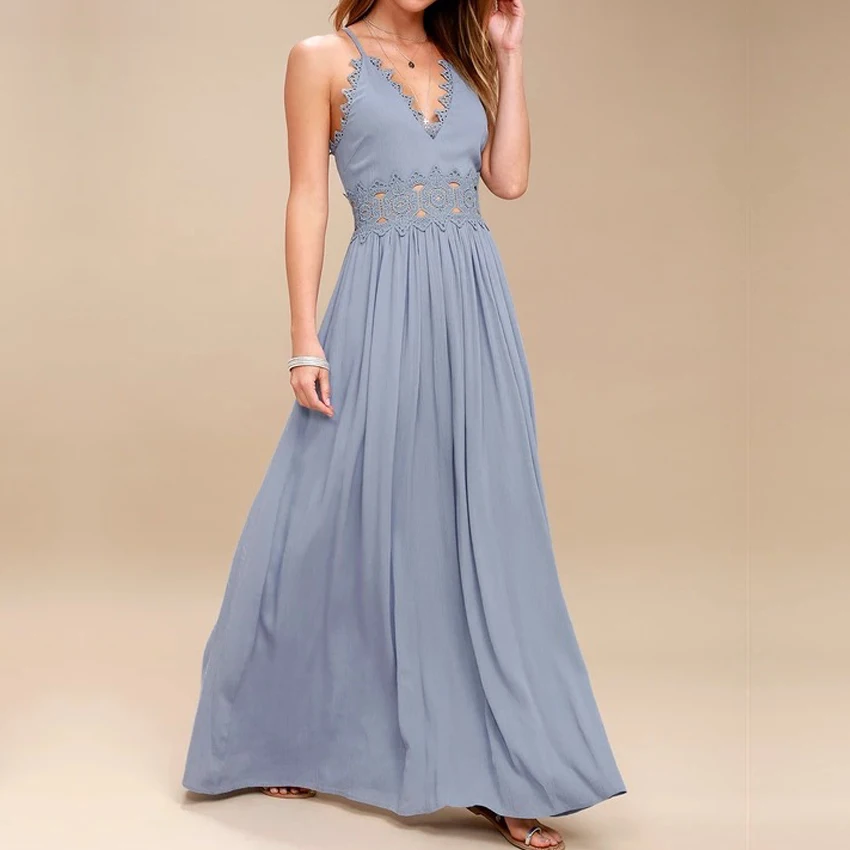 Tanie Elegancka bez pleców, ze wstążką długa sukienka kobiety drążą wieczór letnia sukienka plażowa Party sexy niebieskie sukienki maxi vestidos sundress