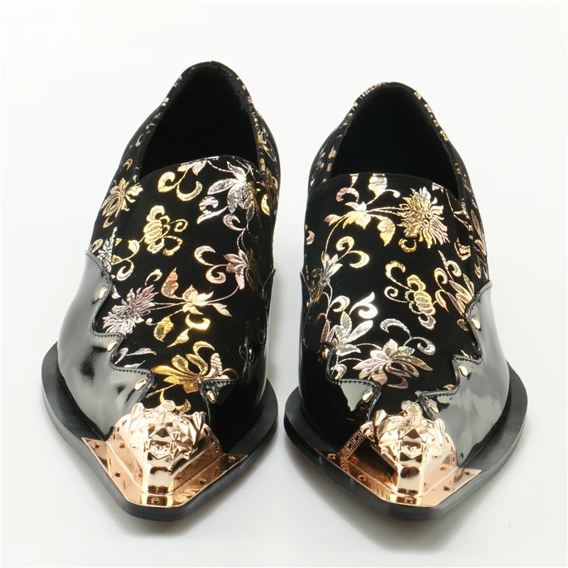 Zapatos Glitter Mocasines Oro Floral Vestido Metallic Boda Impresión Hombres Italiano Hombre Negro Toe A Cuero EwqUYwRxg
