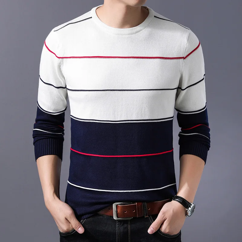 Повседневный мужской свитер с круглым вырезом в полоску, приталенная трикотажная одежда на осень и зиму, мужские свитера, пуловеры, пуловеры для мужчин, M-3XL