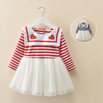 

New Baby Girls Dresses Autumn Party Tutu Stripe Collar Primary School Girls Students Dress Children Long-Sleeve Princess Dress