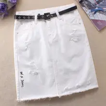 Размера плюс 2XL! сезон: весна-лето белые джинсы Юбки женские отверстие прямые юбки хлопок Высокая талия по колено Джинсовые юбки