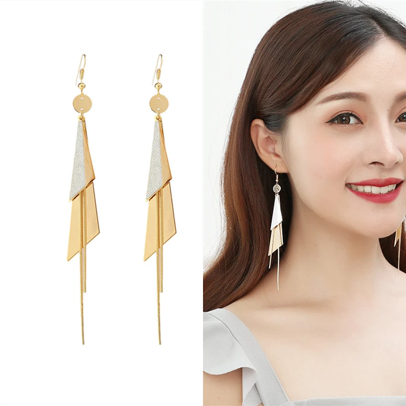 

Hot Sale Geometric Triangle Earings Fashion Jewelry Long Statement Metal chain Tassel Dangle Drop Earrings For Women Brincos