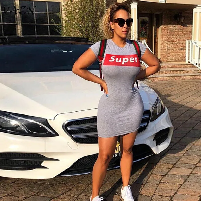 

VAZN 2018 Hot Sale Exotic Designer Casual Women Dress Letter O-Neck Short Sleeve Simple Popular Slim Mini Dress Vestido D612