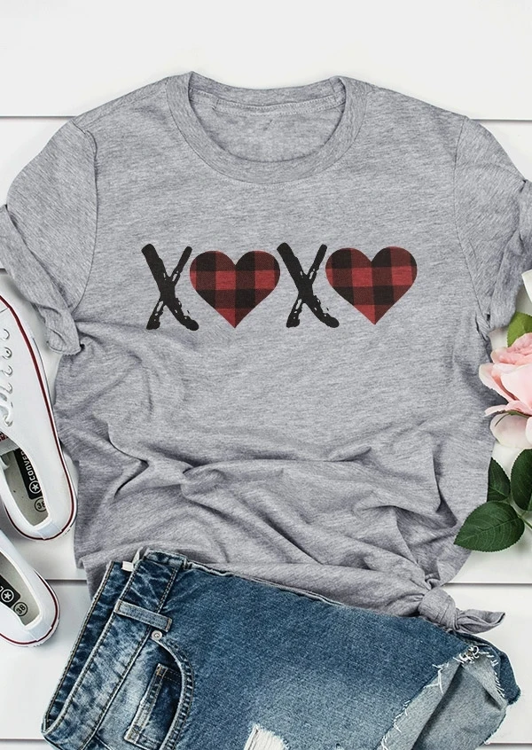 

Fashion Women T-Shirt Summer Short Sleeve t shirt XOXO Plaid Heart T-Shirt 2019 Valentine Casual Lady Tops Tee