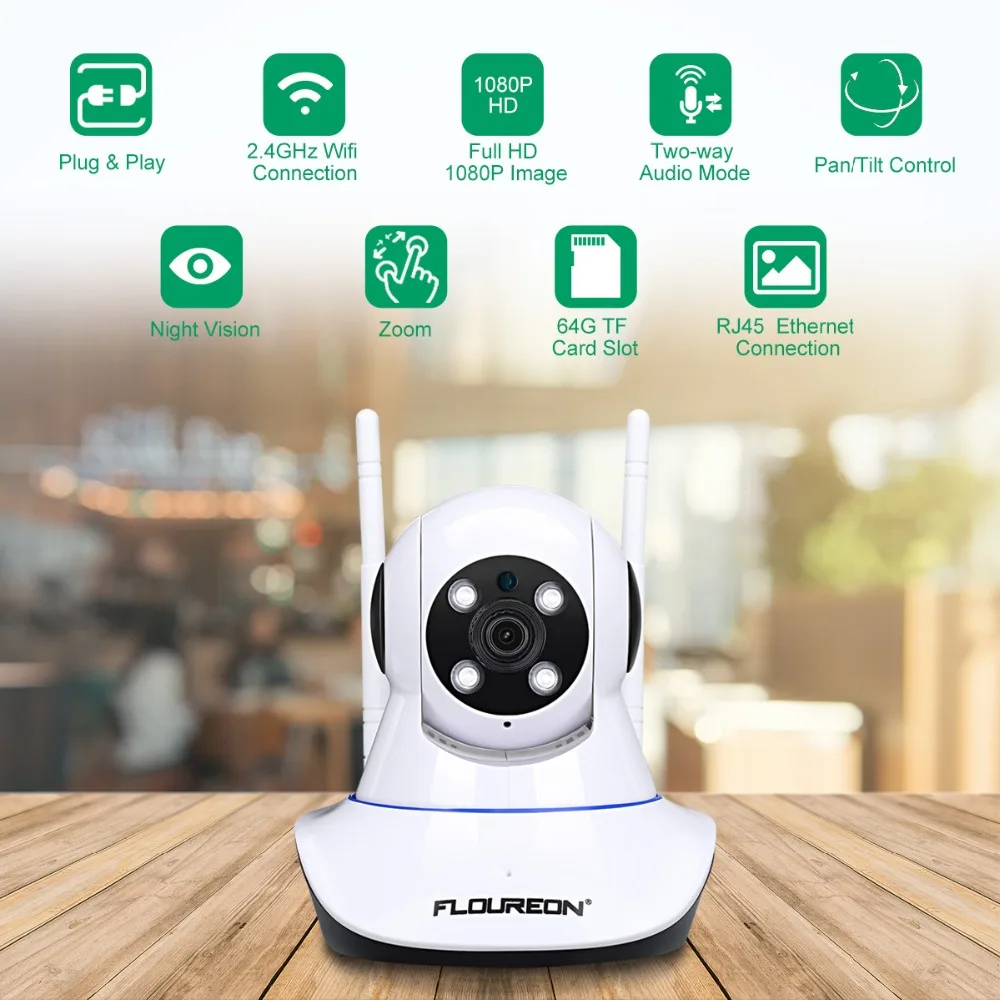 Floureon 1080 P ip камера 2.0MP беспроводная видеокамера с Wi-Fi PT IR-CUT tf-карта детский монитор