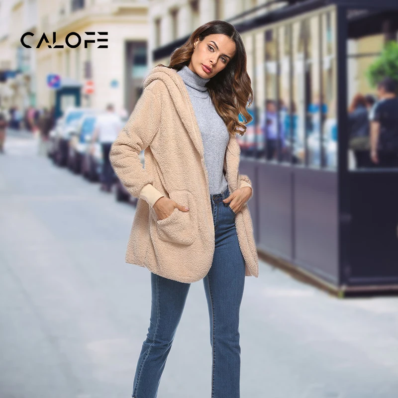 

CALOFE Faux Fur Teddy Bear Coat Jacket Women Fashion Open Stitch Winter Hooded Coat Female Long Sleeve Fuzzy Jacket 2019 Hot New