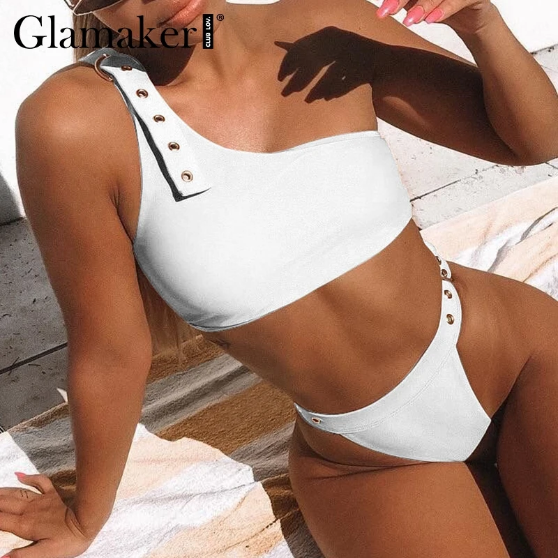 Glamaker واحد الكتف حزام مثير ارتداءها النساء عالية قطع bodycon ملابس السباحة الإناث اثنين قطعة دعوى رفع ثونغ ارتداءها السروال القصير