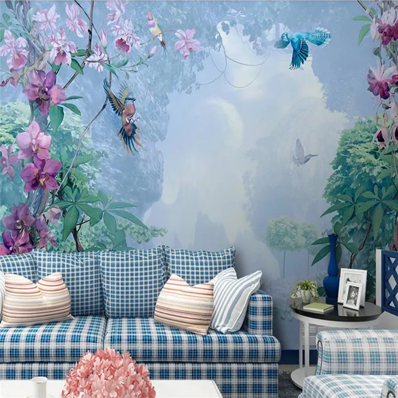 Custom wallpaper Nordic hand-painted small fresh tropical plants flowers and birds background decorative waterproof material Custom wallpaper Nordic hand-painted small fresh tropical plants flowers and birds background decorative waterproof material