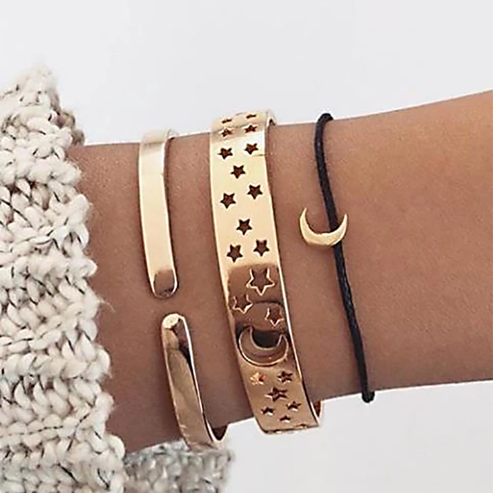 

Tisonliz Korean Star Moon Black Rope Cuff Bangle Bracelet Sets Gold Silver Color Charm Bracelets For Women Femme Jewelry Gifts