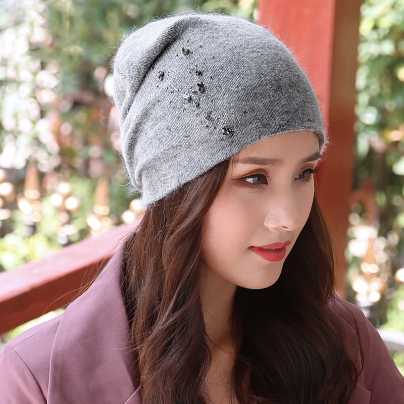 Beanie Women Winter Angora Knit Hat Warm Rhinestone Headwear Soft Casual Slouch Stretchy Outdoor Ski Accessory (3)