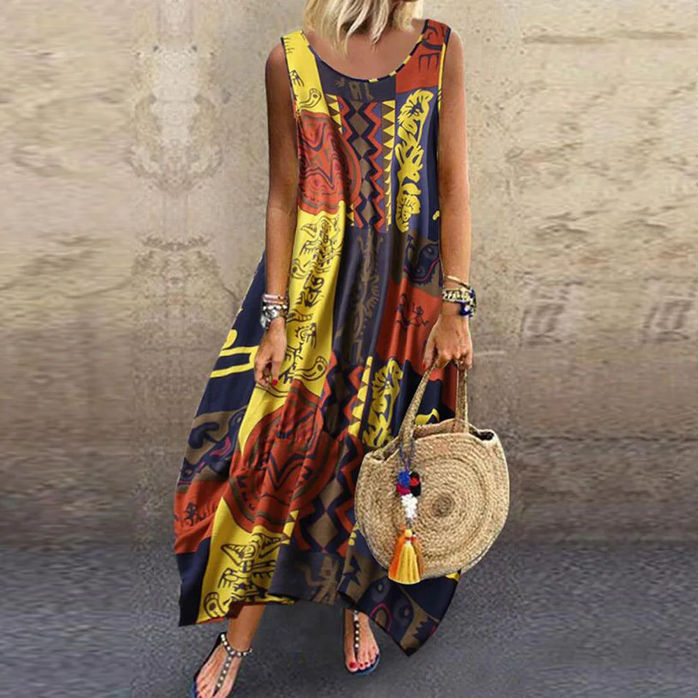 

Women's Dress Printed Loose Round Neck Cotton Linen Dresses Sleeveless Bohemian Style Lantern Summer Dress Hot New Fashion