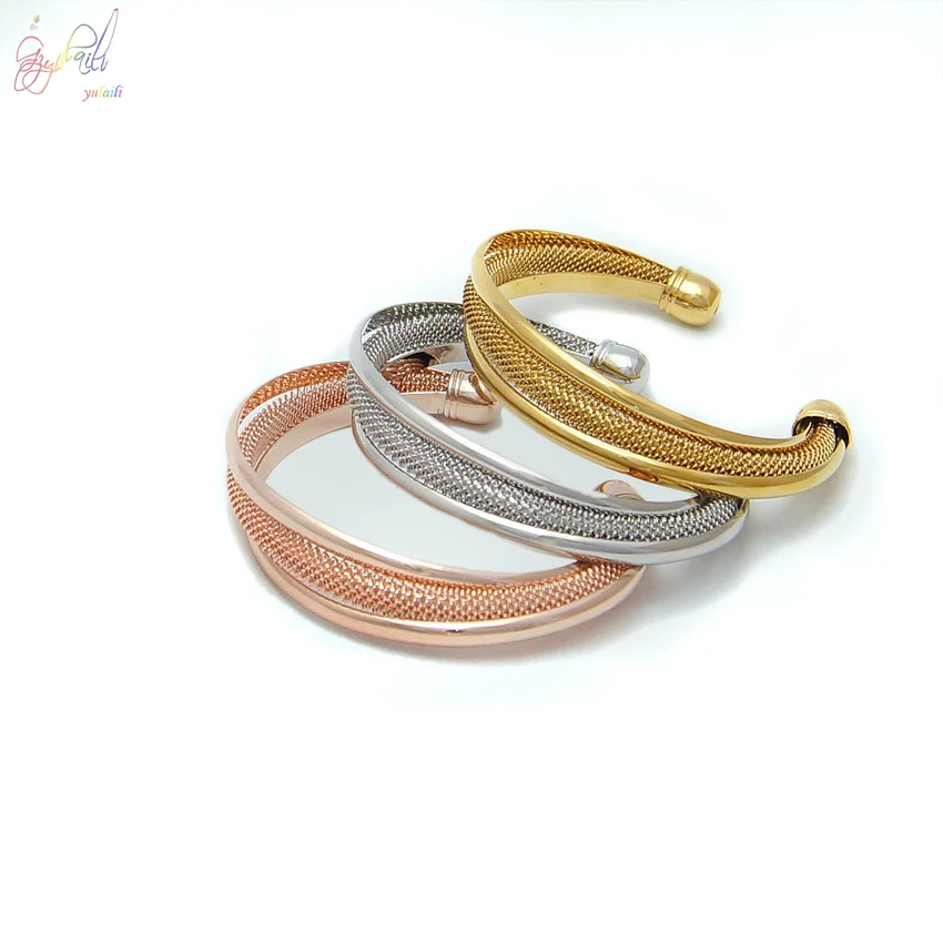

YULAILI Three Tone Stylish Hand Bracelet Women Rose Gold/Gold/Silver Color Bangle Bracelet Vintage Open Bangle Set