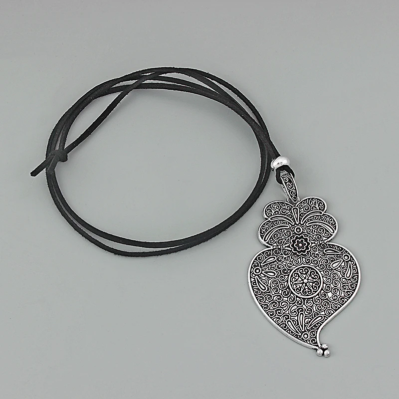 1Pcs Antique Silver Large Viana Heart Flower Charms Pendant DIY Necklace With Velet Cord Jewelry