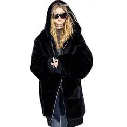 2018 зимняя толстовка женская теплая искусственная меховая молния с капюшоном зима с пышными рукавами длинный теплый мех пальто с карманами