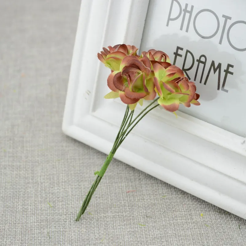 6 шт. мини шелковые искусственные цветы розы невесты свадебное оформление букета невесты с запястьем цветок Скрапбукинг венок поддельные цветы - Цвет: Brown