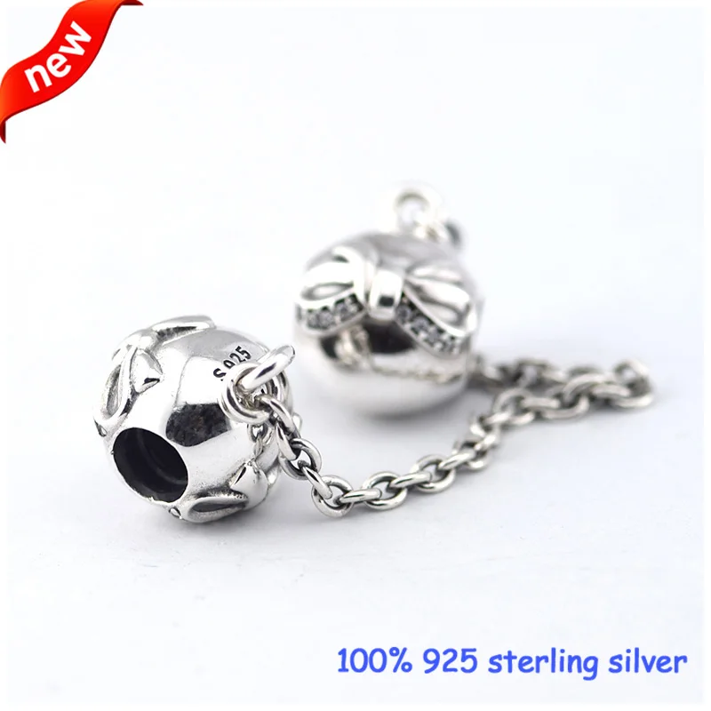 

Fits Pandora Bracelets Dainty Bow Silver Safety Chain Beads With CZ 100% 925 Sterling Silver Charms DIY Jewelry Wholesale SF011