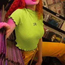 Харадзюку Летняя мода женская зеленая короткая футболка сетчатые прозрачные кроп Топы цветочный принт короткий рукав Футболка koszulki damskie