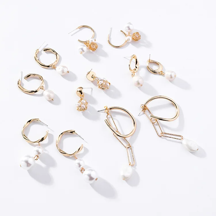 

MENGJIQIAO 2019 New Trendy Natural Freshwater Pearls Drop Earrings For Women Gold Color Irregular Metal Circle Nest Oorbellen