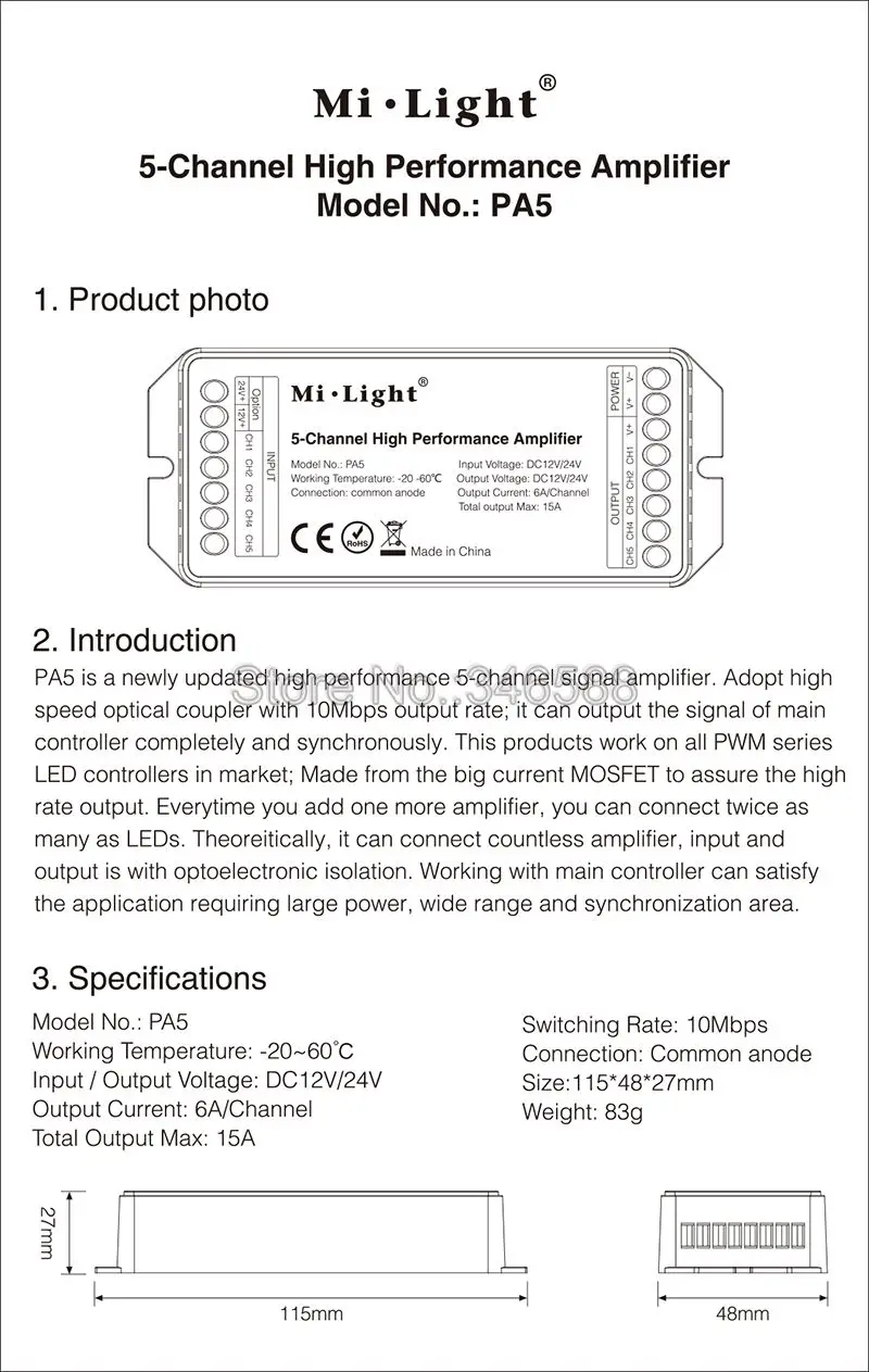 Mi. Светильник PA5 12 В постоянного тока 24 В макс. 15A 5-канальный 6A/CH высокочастотный светодиодный контроллер усилителя для RGB RGBW RGBWW RGB+ CCT светодиодный полосы