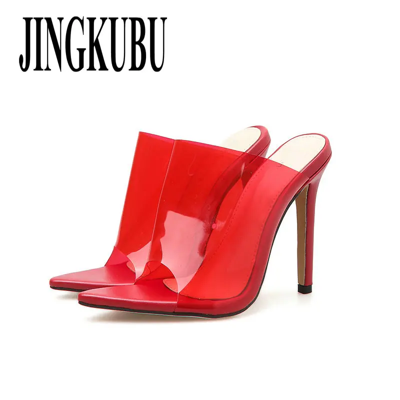 

JINGKUBU 2019 New PVC Purple Red Slippers Open Toed Sexy Thin Heels Women Transparent Heel Sandals Slides Pumps Jelly Shoes