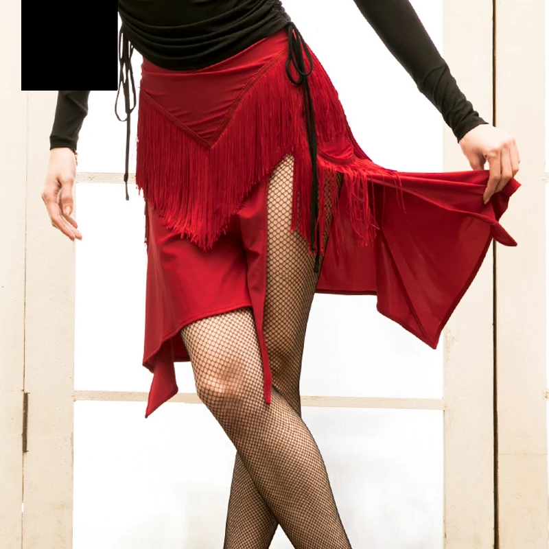 Красная юбка для латинских танцев для дам/женщин/взрослых, юбка с бахромой, открытый подол, Румба, фламенко, профессиональный черный танцевальный костюм, VDB183