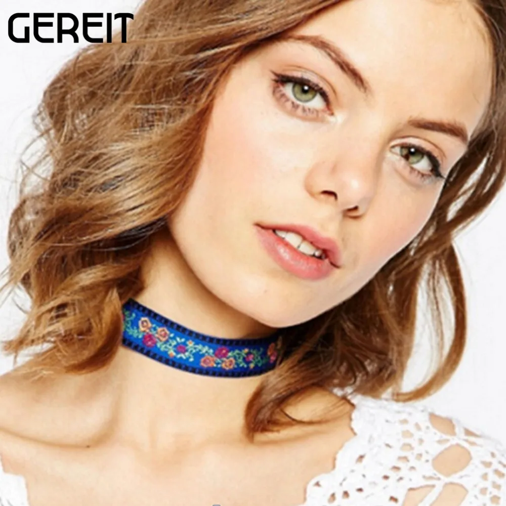 

Multicolore Flower Floral Design Vintage Blue Embroidery Choker Necklace Choker Boho Jewelry Lace Ethnic Necklace Adjustable