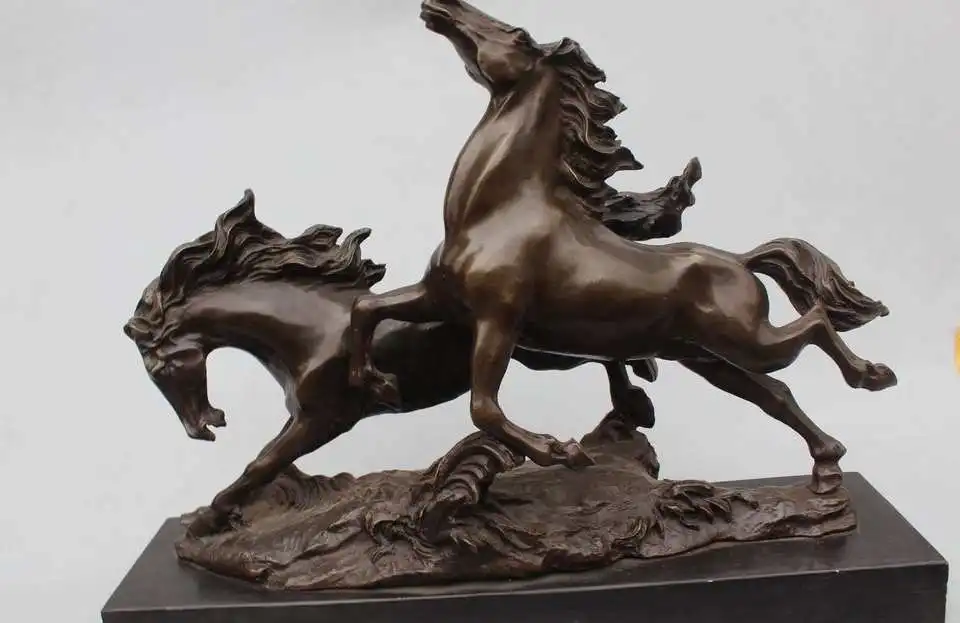 

15"Chinese Bronze Copper Feng Shui Lucky Run riot Two mountain horse statuary