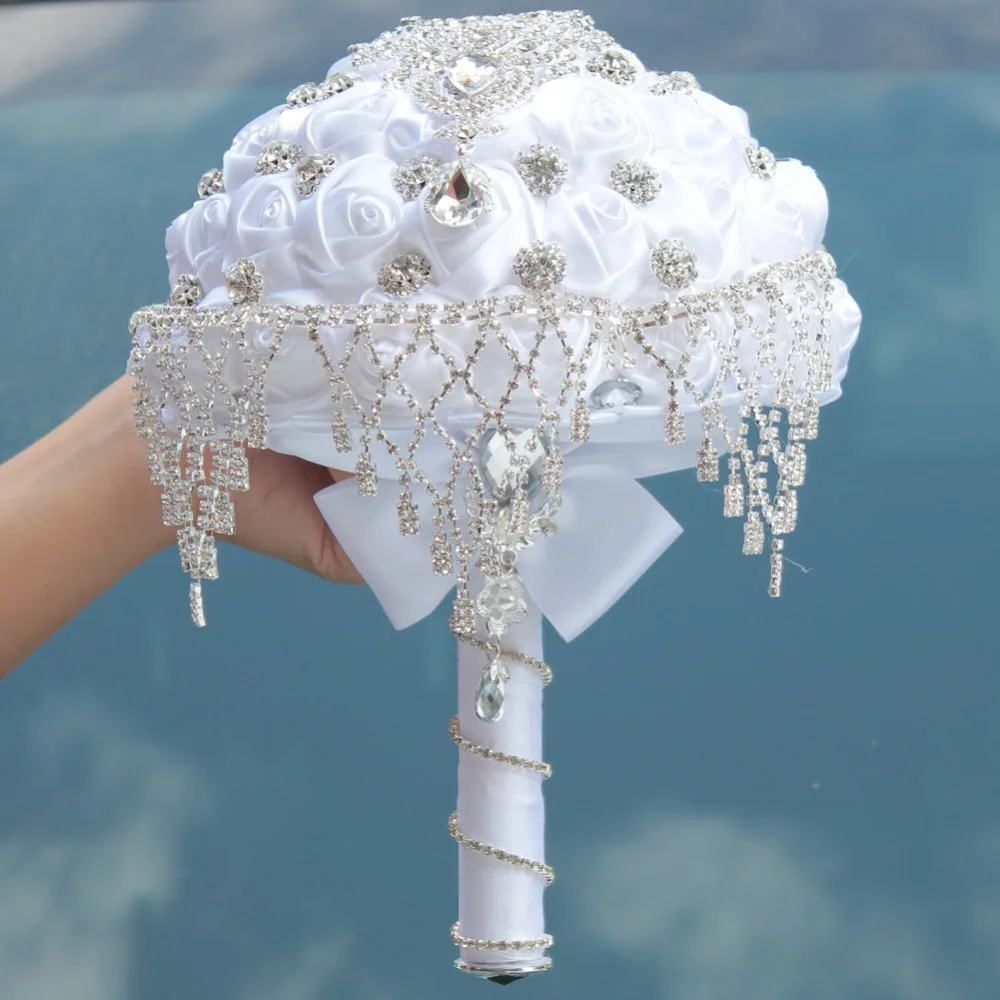 JaneVini роскошный кристалл горный хрусталь белая атласная роза Свадебный букет Искусственный цветок букет Bruidsboeket Buque De Noiva