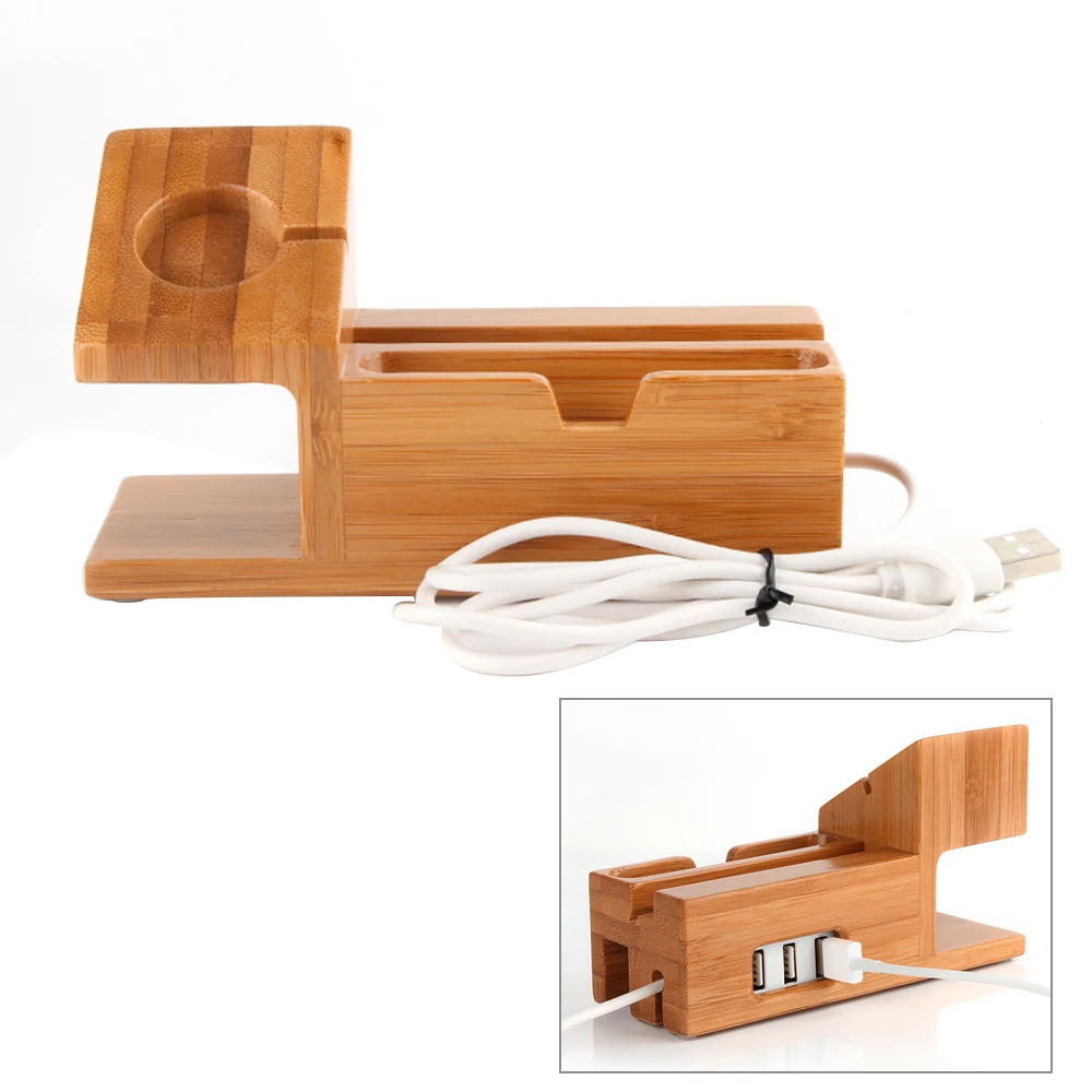 

Besegad Bamboo Charging Stand Charger Station Dock Holder w/ 3 USB Hub Port Cable for iWatch iPhone 8 X 7 6 6s Plus Apple Watch