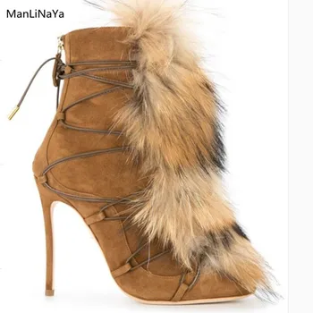 

Newest Cow Suede Fur Boots Leather Women Thin Heel Cross-tied Women Winter Shoes Brand Design Animal Hair Stiletto Chelsea Boots