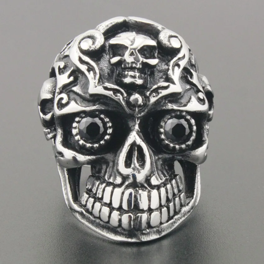 Solid 316L Stainless Steel Skulls Black CZ Eyes Mens Biker Rocker Ring 3X002
