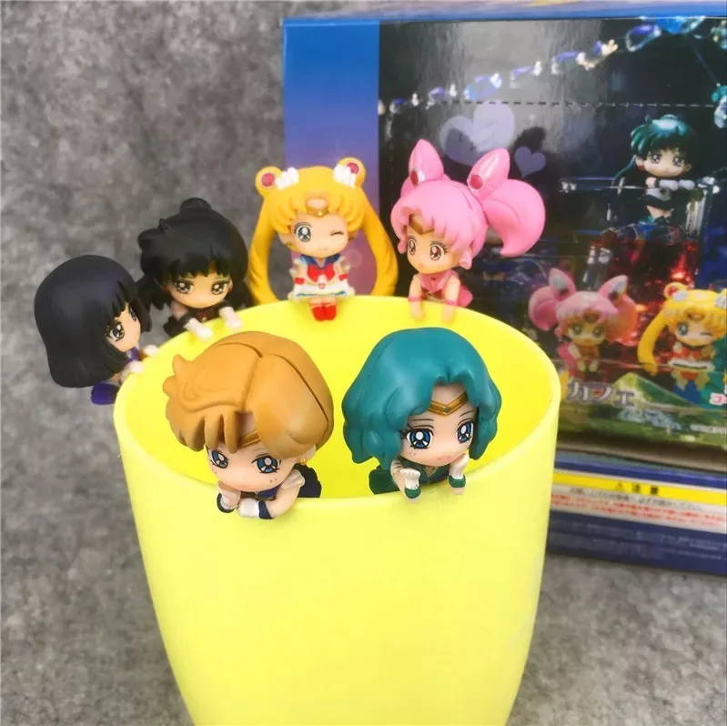 

6pcs/set Anime Cartoon Girl Soldier Sailor Moon Crystal Gashapon ChibiUsa Cup ornament Elastic Tea Decoration Action figure Toy