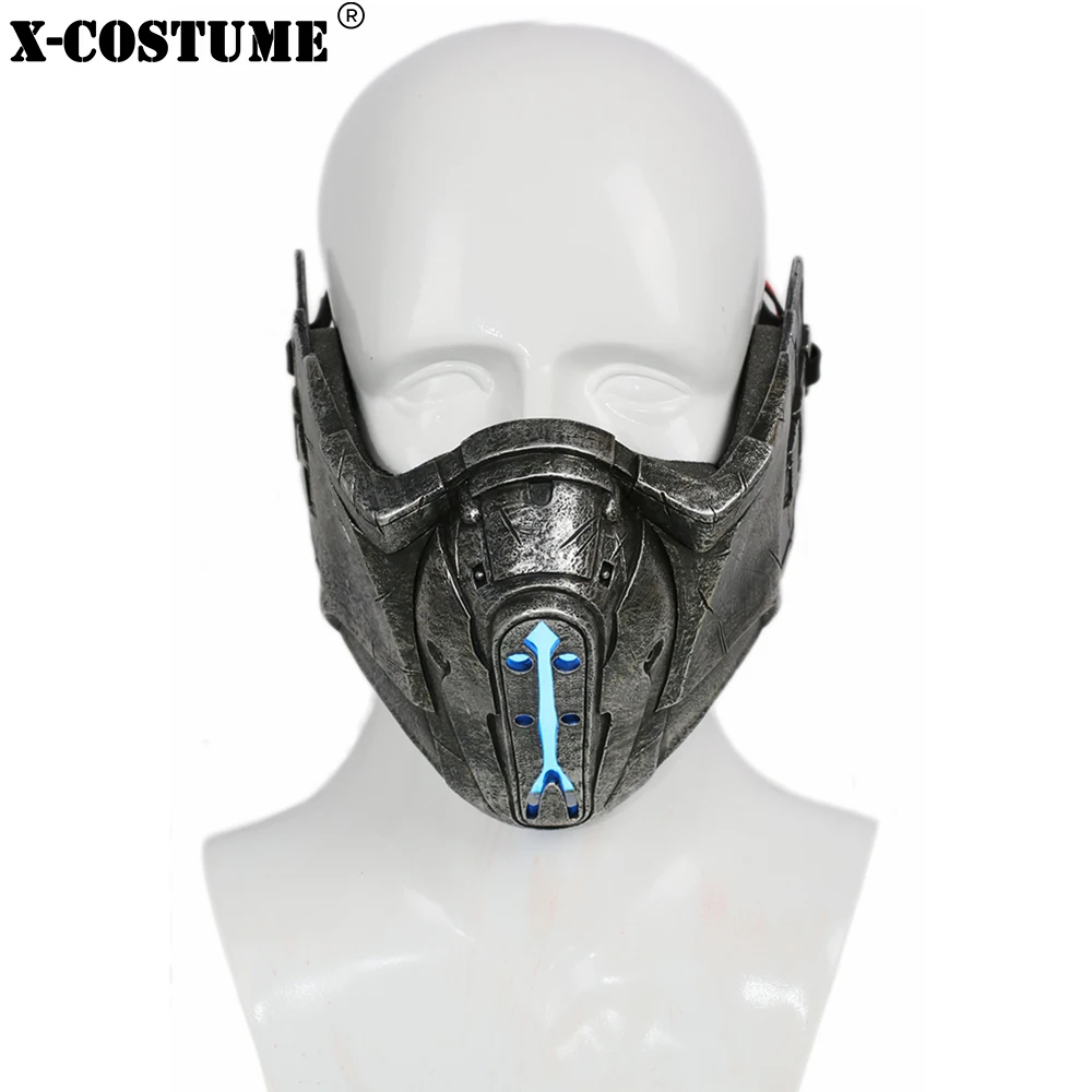 

X-COSTUME Mortal Kombat Sub Zero Mask Game Cosplay Accessories Props Gray Resin Half Face Masks Halloween Party Mask With Light