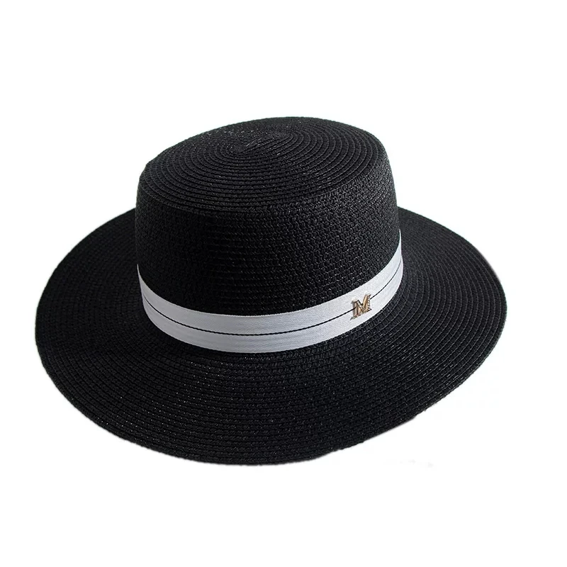 Новая простая белая шляпа с плоским верхом, Элегантная модная соломенная шляпа с лентой, стандартный размер M, солнцезащитный крем для отдыха - Цвет: black