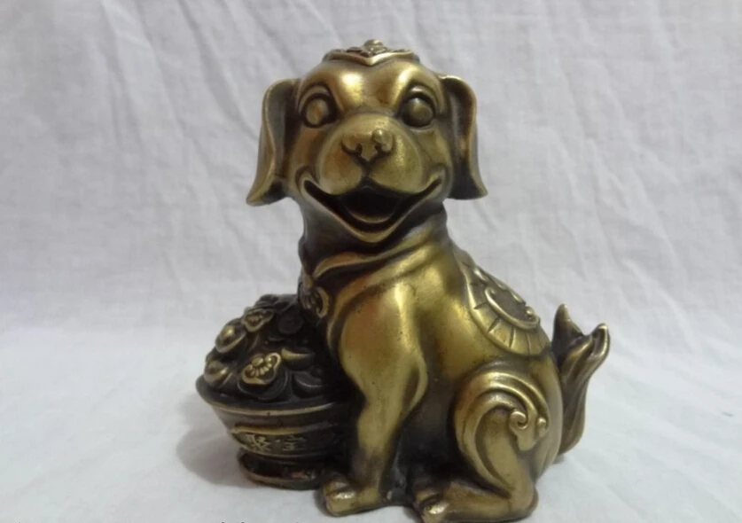 

song voge gem S2630 Folk Chinese Bronze Zodiac Wealth Treasure Bowl Happy Fu Dog Statue Animals