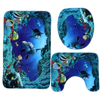 

3Pcs High Quality Blue Ocean Dolphin Bathroom Non-Slip Pedestal Rug Toilet Cover Bath Mat Set Washable Bathroom Toilet Rugs