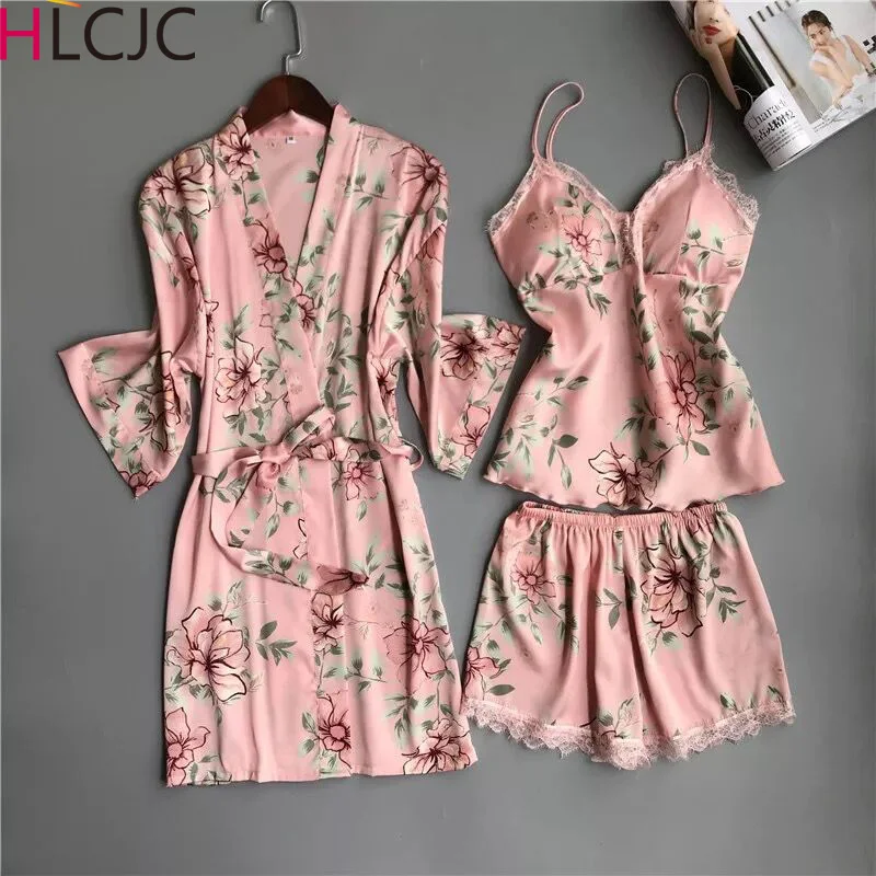 

2019 Women Pajamas 3 Pieces Satin Sleepwear Pijama with Chest Pads Spaghetti Strap Lace Silk Sleep Lounge Nightwear Pyjama