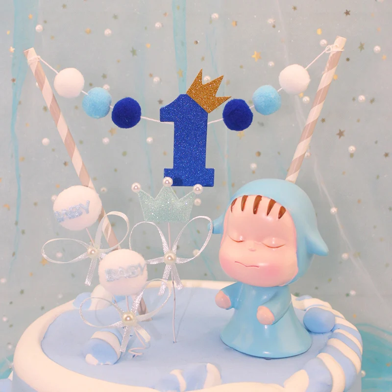 

1 pcs sweet ONE year pompon cake topper birthday cake decoration baby shower kids birthday party favor supplies