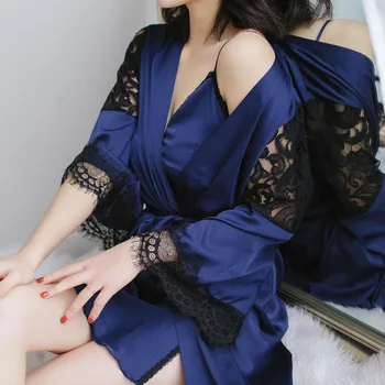 

2018 New Fashion women Robe Sets Satin silk Sleepwear Twinset Women Sleep Dress Sets Female Bath Robe Set and Nightgown Bathrobe